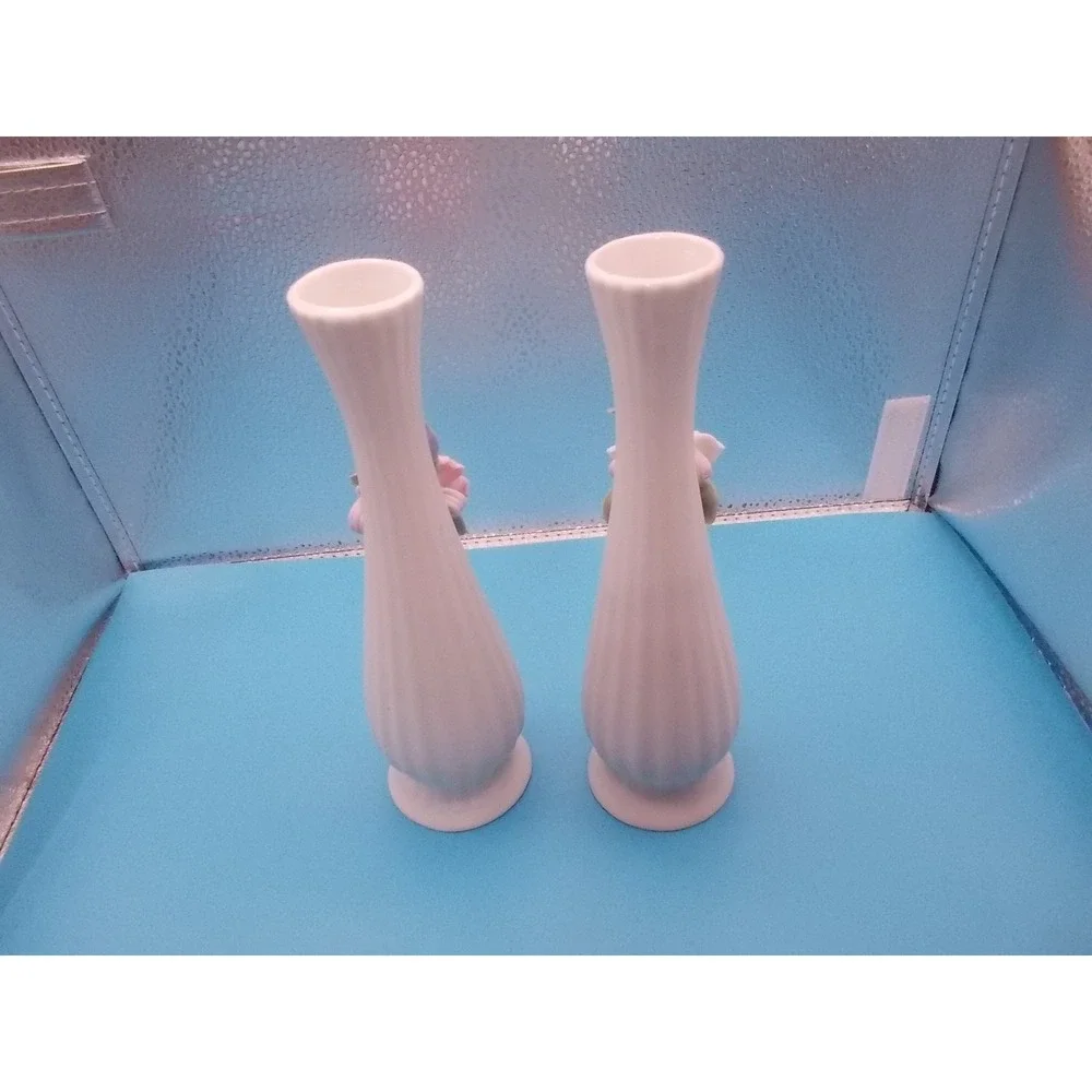 Vintage Porcelain Bud Vase Set 2 White Fluted 3D Pink White Rose Floral Decor